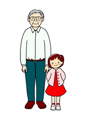 Smiling Grandfather and Granddaughter Standing Together, Cute Full Body Family Illustration.