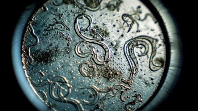 Microscopic View Through Vintage Optical Microscope Showing Parasitic Worm