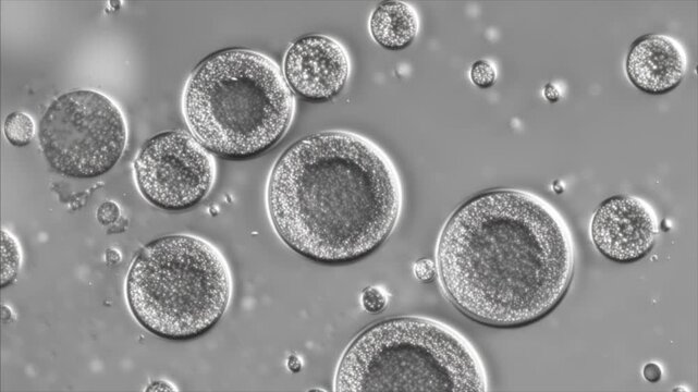 Laboratory microscope visualization of yeast with bright white lighting and detailed cellular structure