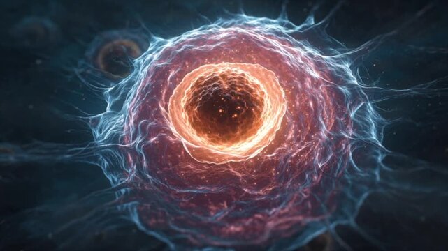 Human cell undergoing mitosis with visible stages of division, chromosomes, and cellular structures in scientific visualization