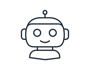 Fototapeta premium A smiling, outlined robot head with antenna, depicted on white