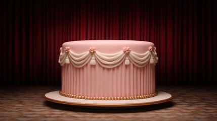 A beautifully decorated pink cake with elegant draping and bead accents, set against a rich red backdrop.