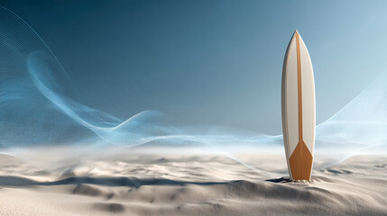 Minimal surfboard upright sand beach desert polygon wavy ribbon halftone glow calm mood modern abstract wave dune shoreline summer travel sport board wood fiberglass beige white blue sky sunlight
