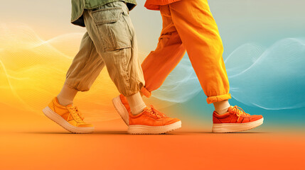 Vibrant sneakers casual shoes walking pair orange yellow pastel gradient background motion friendship create playful mood as two people stroll side by side, youthful energy and urban style shine