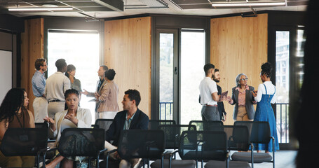 Business people, meeting or group in lobby for seminar, upskill workshop or corporate training...