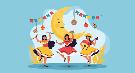 Fototapeta premium Three women in traditional attire dance and play music under a smiling crescent moon with festive decorations, celebrating a cultural festival.