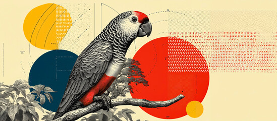Parrot bird branch tropical red grey yellow blue abstract halftone African grey parrot branch with red accents, abstract neon circle graphics and halftone texture, tropical foliage backdrop