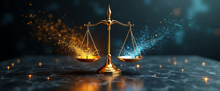 Golden scales of justice balancing light particles on dark background symbolizing fairness and law