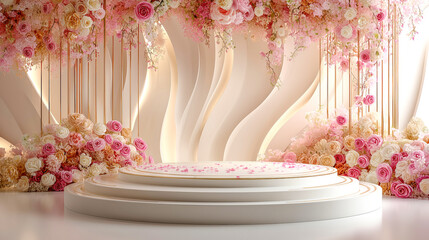 Pastel wedding stage flower wall soft wave curves round podium pink petals romantic floral elegant backdrop luxury venue event decoration dreamy light. Pastel wedding stage with flower wall