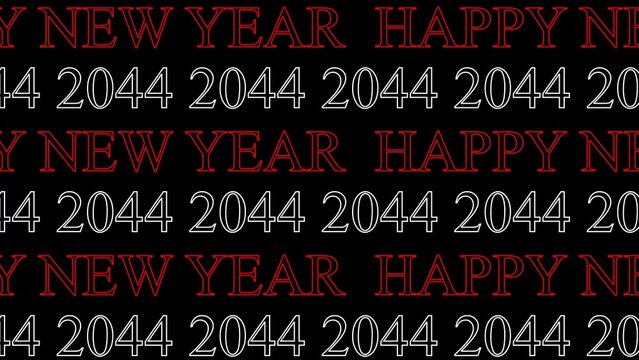 Happy New Year 2044 text pattern in red and Generate title without using the word "Title:" before it. white on black background with repeated arrangement