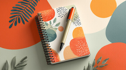 Notebook pen spiral paper cover abstract pattern colorful leaf desk Calm workspace scene with spiral notebook and pen abstract pattern cover, colorful shapes and leaf detail textured desk surface