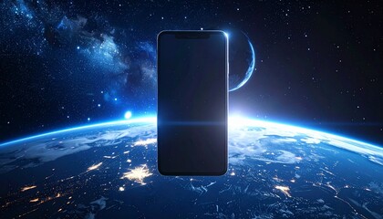 Advanced smartphone floating in space, Earth and stars in background, glowing edges, sci-fi realism, ultra-high resolution, cinematic view