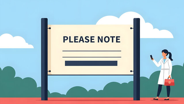 An illustration of a large Please Note sign board with a medical professional standing beside it