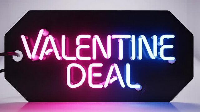 Neon Valentine Deal Sign Illuminated on Black Background with Pink and Blue Lights