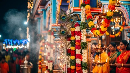 Vibrant Indian temple festival scene with colorful decorations and traditional attire