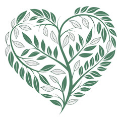 Fototapeta premium Stylized heart shape made of green growing leaves and branches ecology vector