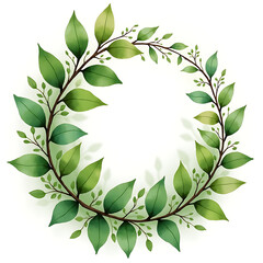 Watercolor painting of lush green leaves forming circular wreath design element for organic natural frame decoration