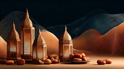 Ramadan iftar lantern date fruit desert sand warm light night background arabic decor brass metal ornate pattern plate dried fruit. Ramadan iftar lantern date fruit desert sand warm light night