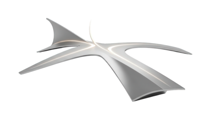 A futuristic white light fixture with a unique leaf-like design against a black background