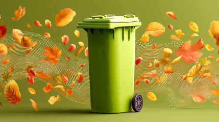 Green recycling bin autumn leaves eco friendly sustainability waste management environmental concept green background abstract wave dotted texture clean design. Green recycling bin autumn leaves