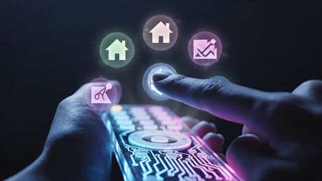 Glowing icons hover above a circuit-board remote held by a hand in a futuristic, techy image