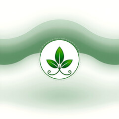 Green leaf logo emblem with swirls and stitching in circle on abstract green background