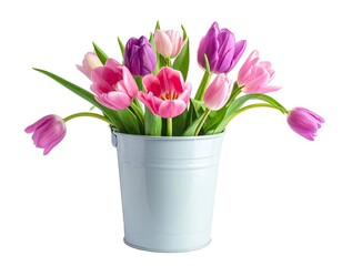 A bouquet of colorful tulips in a light blue metal bucket