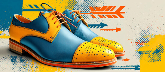 Colorful oxford shoe leather brogue lace fashion stylish blue yellow orange arrow background. Vibrant leather brogue oxford with perforated cap toe set diagonally halftone backdrop, creative