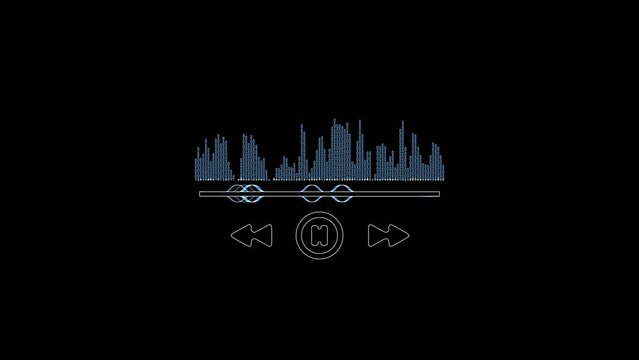 Light blue audio equalizer with media controls and looping symbol on dark Generate title without using the word "Title:" before it. background bars sound