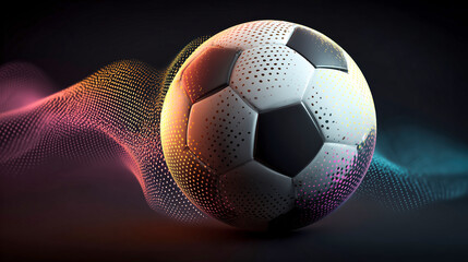 Soccer ball abstract dot grid colorful motion shape dynamic glow celebrates energy and precision in modern sport design with vibrant gradient wave, dark studio background, glossy texture