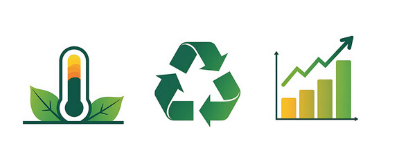 Environmental sustainability icons with thermometer and leaves, recycle symbol, and growth chart on white background