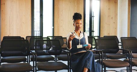 Presentation, practice and black woman in office with rehearsal for meeting with research notes....