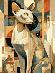 Surreal cat geometric pattern elongated body abstract art modern style mosaic texture warm color cool color fine line angular shape. Surreal feline sits layered blocks calm gaze elegant form