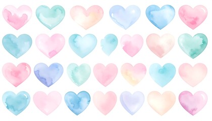 A collection of watercolor hearts in various pastel hues