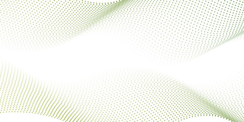 Flowing dots particles wave pattern green and yellow isolated on yellow, orange background gradient. Vector in concept of technology, science, music, modern