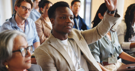 Audience, businessman and question in seminar with workshop, expo or convention for career...