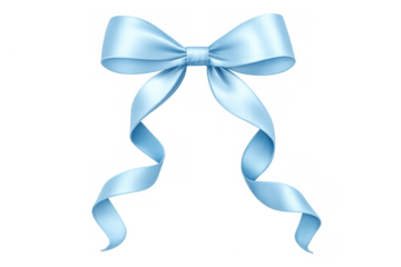 Light blue satin ribbon bow with knot and curly tails, decorating gifts, celebrations, and festive events on transparent background