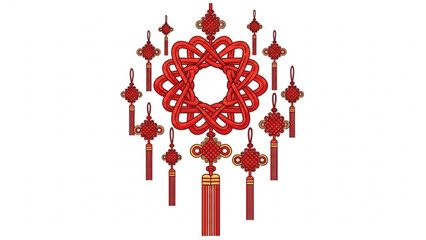 A vibrant red Chinese knot decoration with intricate design and golden accents on a white background