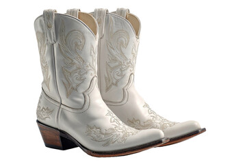 Two ornate white leather cowboy boots, stacked heel, isolated