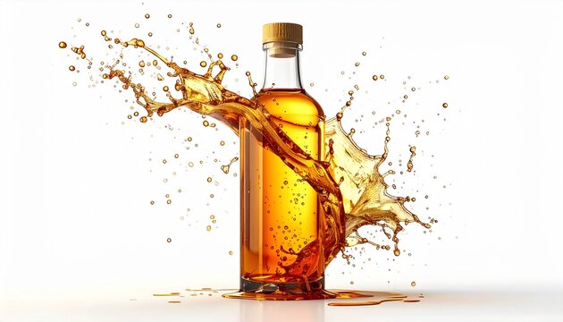 Realistic glass bottle with golden liquid splash, isolated on white background, studio lighting, commercial stock photo
