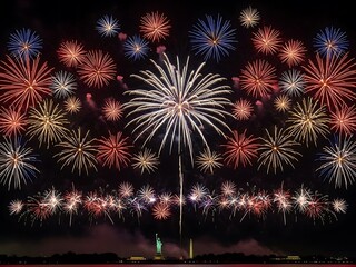 Grand Fireworks Spectacle Illuminates the Night Sky Above Iconic Landmarks in a Patriotic Celebration