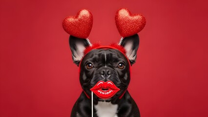 Hilarious French bulldog dressed in a playful Valentine's heart headband while cheekily holding a red kiss lips photo prop in its mouth against a vibrant red backdrop, capturing a funny expression in 