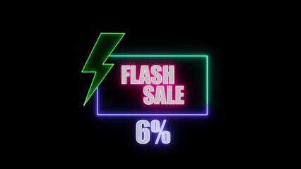Neon flash sale banner with lightning bolt and five percent discount on dark Generate title without using the word "Title:" before it. background
