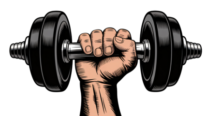 A clenched fist gripping a dumbbell with black weights on both ends against a white background for fitness and exercise concepts strongly conveying power and strength