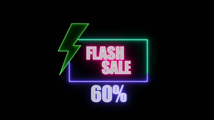 Fototapeta premium Neon flash sale sign with green lightning bolt and sixty percent discount on Generate title without using the word 