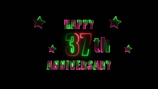 Neon glowing happy 37th anniversary text with green and pink colors surrounded by stars on Generate title without using the word "Title:" before it. black background