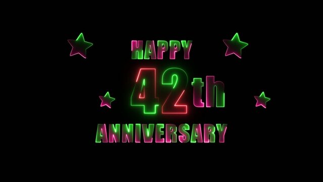 Neon glowing happy 42th anniversary text with stars on a dark Generate title without using the word "Title:" before it. background forty