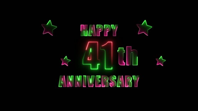 Neon glowing happy 41st anniversary text with green and pink colors surrounded by stars on Generate title without using the word "Title:" before it. black background