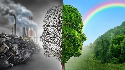 This image dramatically contrasts industrial pollution and waste against a beautiful, clean natural environment