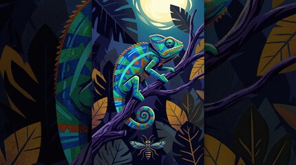 Chameleon illustration in moonlit jungle, decorative chameleon illustration with vibrant colors, vertical chameleon illustration for fantasy wildlife and nature art design